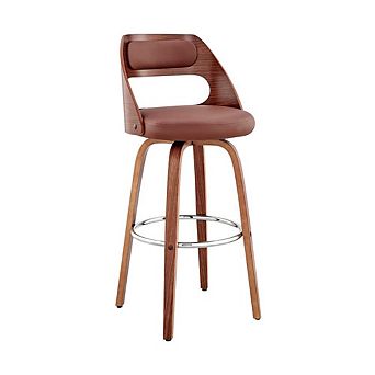 Swivel Bar Stool with Brown Faux Leather Seat and Walnut Wood Frame