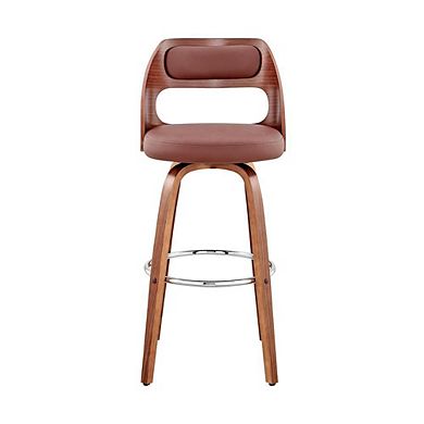 Swivel Bar Stool with Brown Faux Leather Seat and Walnut Wood Frame