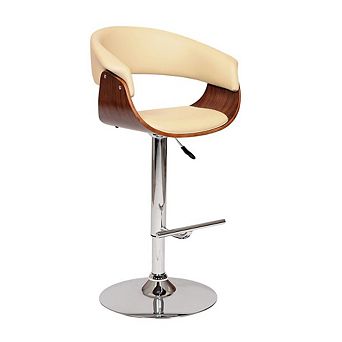 Swivel Bar Stool with Cream Leatherette Seat, Walnut Veneer, and Chrome Base