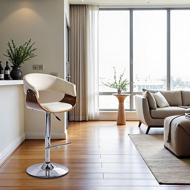 Swivel Bar Stool with Cream Leatherette Seat, Walnut Veneer, and Chrome Base