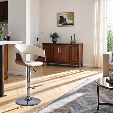 Swivel Bar Stool with Cream Leatherette Seat, Walnut Veneer, and Chrome Base