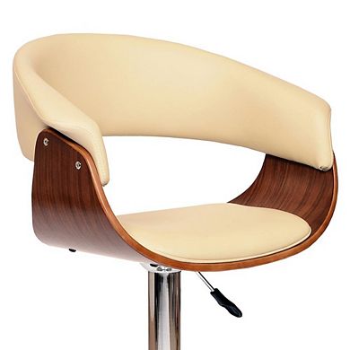 Swivel Bar Stool with Cream Leatherette Seat, Walnut Veneer, and Chrome Base