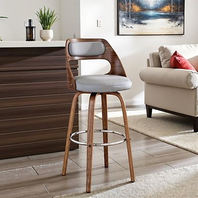 Swivel Bar Stool with Gray Faux Leather Seat and Walnut Wood Finish