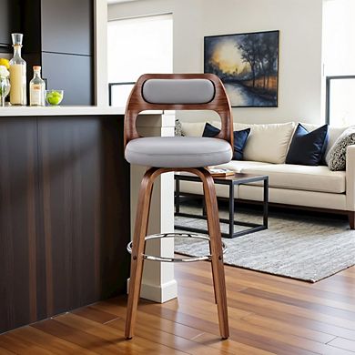 Swivel Bar Stool with Gray Faux Leather Seat and Walnut Wood Finish