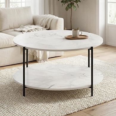 FurniFact Round Marble 2-Tier Coffee Table with Sturdy Metal Legs and Storage Space