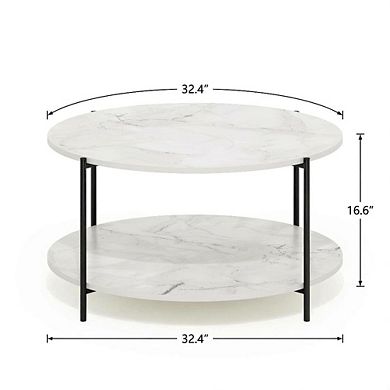 FurniFact Round Marble 2-Tier Coffee Table with Sturdy Metal Legs and Storage Space