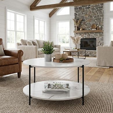 FurniFact Round Marble 2-Tier Coffee Table with Sturdy Metal Legs and Storage Space