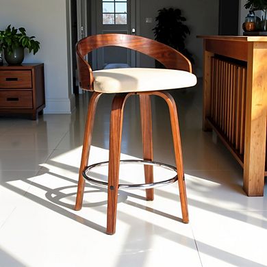 Swivel Counter Bar Stool with Cream Faux Leather and Walnut Wood Frame