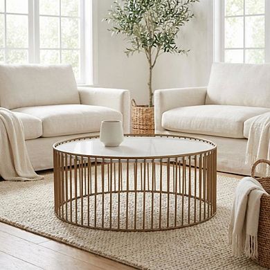 Starlight Canyon Home Round Faux Marble Coffee Table with Metal Base and Modern Design