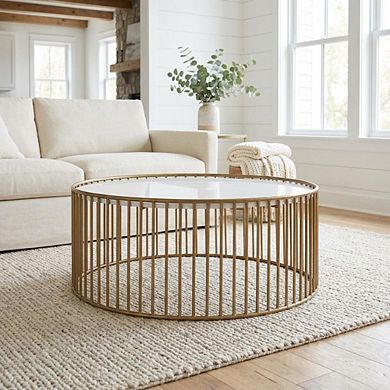 Starlight Canyon Home Round Faux Marble Coffee Table with Metal Base and Modern Design