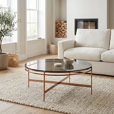 Starlight Canyon Home Glass Coffee Table Gold Frame with Stainless Steel Base and Modern Design