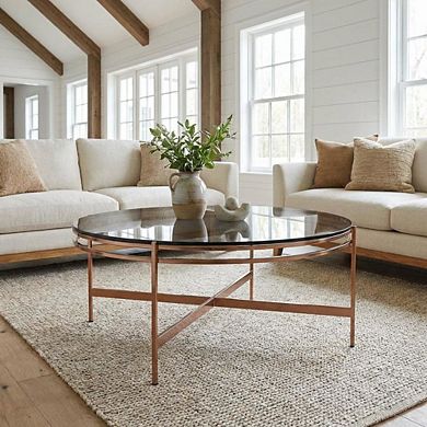 Starlight Canyon Home Glass Coffee Table Gold Frame with Stainless Steel Base and Modern Design