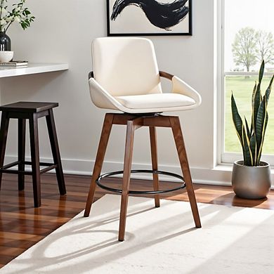 Swivel Counter Stool with Walnut Wood Frame and Faux Leather Seat