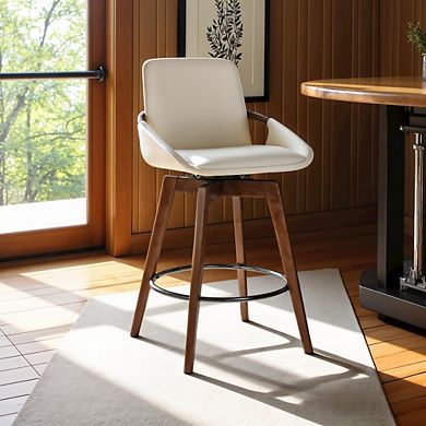 Swivel Counter Stool with Walnut Wood Frame and Faux Leather Seat