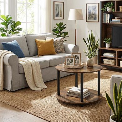 FurniFact Round 2-Tier Coffee Table with Simple Design and Wooden Frame