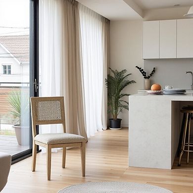 Set of 2 Brown Dining Chairs with Cane Back and Upholstered Seat