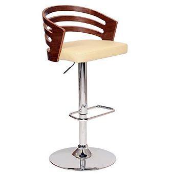 Swivel Bar Stool with Cream Leatherette Seat, Walnut Veneer, and Chrome Base