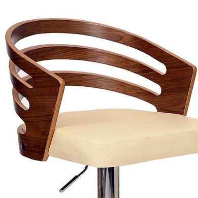 Swivel Bar Stool with Cream Leatherette Seat, Walnut Veneer, and Chrome Base