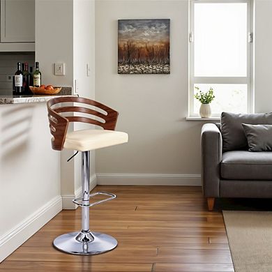 Swivel Bar Stool with Cream Leatherette Seat, Walnut Veneer, and Chrome Base