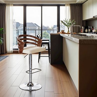 Swivel Bar Stool with Cream Leatherette Seat, Walnut Veneer, and Chrome Base