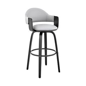 Swivel Bar Stool with Gray Faux Leather Seat and Black Wood Finish