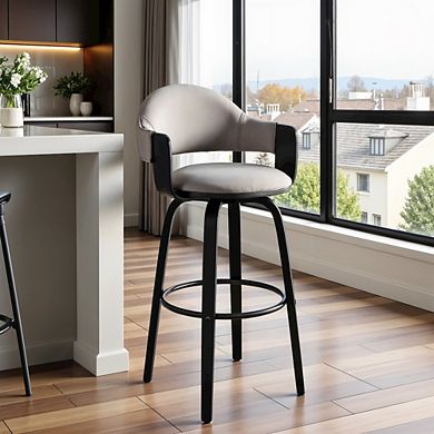Swivel Bar Stool with Gray Faux Leather Seat and Black Wood Finish