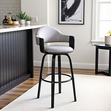 Swivel Bar Stool with Gray Faux Leather Seat and Black Wood Finish