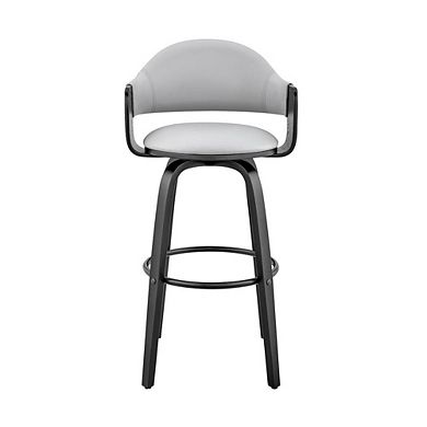 Swivel Bar Stool with Gray Faux Leather Seat and Black Wood Finish
