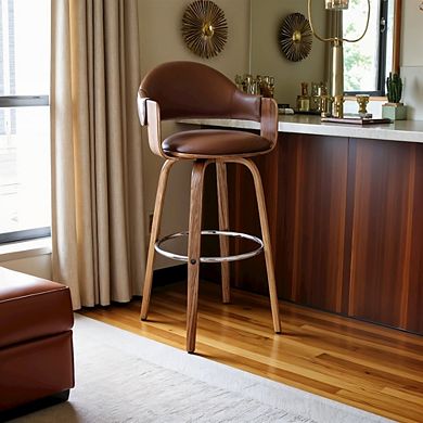 Adjustable Swivel Bar Stool with Walnut Wood and Brown Faux Leather