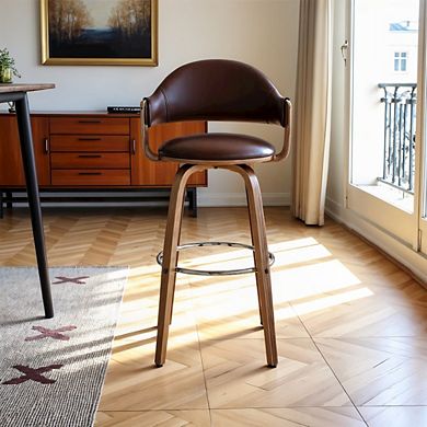 Adjustable Swivel Bar Stool with Walnut Wood and Brown Faux Leather