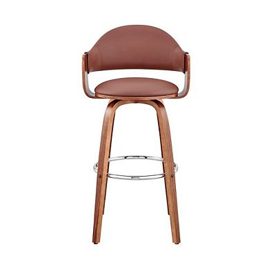 Adjustable Swivel Bar Stool with Walnut Wood and Brown Faux Leather