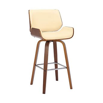 Swivel Bar Stool with Cream Faux Leather and Walnut Wood Finish
