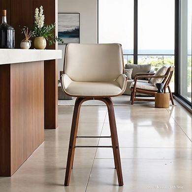 Swivel Bar Stool with Cream Faux Leather and Walnut Wood Finish