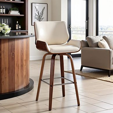 Swivel Bar Stool with Cream Faux Leather and Walnut Wood Finish