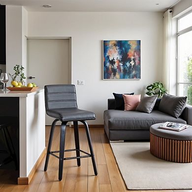 Swivel Counter Stool in Black Brushed Wood with Grey Faux Leather Seat