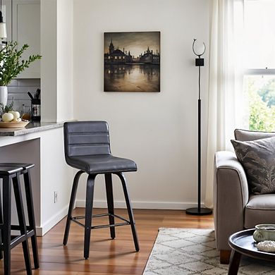 Swivel Counter Stool in Black Brushed Wood with Grey Faux Leather Seat