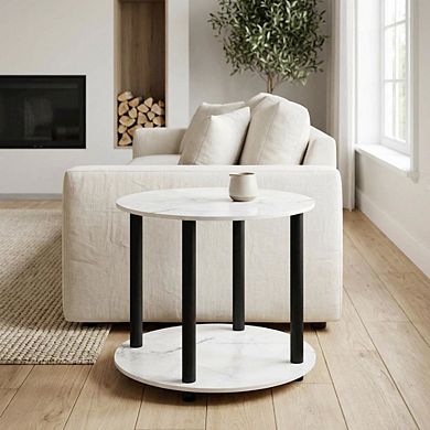 FurniFact Round Marble Coffee Table with 2-Tier Storage and Simple Design for Home