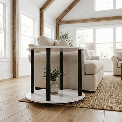FurniFact Round Marble Coffee Table with 2-Tier Storage and Simple Design for Home