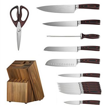 15 pc High Carbon Stainless Steel Kitchen Knife Set with Block and Sharpener