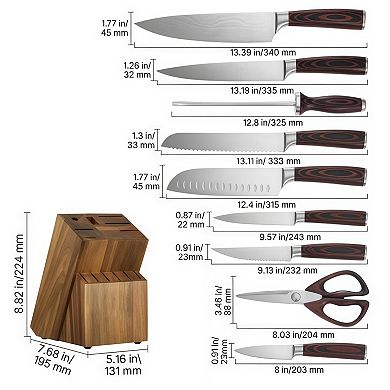 15 Piece High Carbon Stainless Steel Kitchen Knife Set with Block and Sharpener