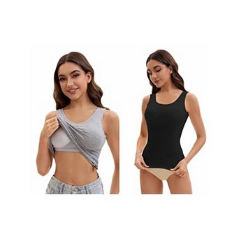 2 Packs Women's Wide Strap Camisoles with Built-In Padded Bras Casual Tank Tops