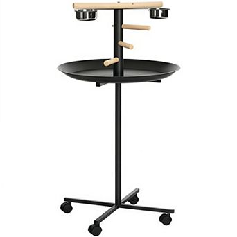 Bird Feeder Station with Wheels Portable Bird Play Stand with Stainless Steel Bowls and Tray