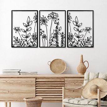 Floral Black Metal Wall Art, Set of 3