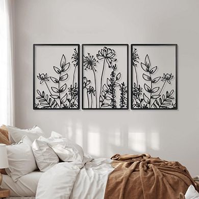 Floral Black Metal Wall Art, Set of 3
