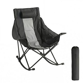Rocking Camping Chair Folding Portable with Cup Holder Pocket Supports 225 lbs