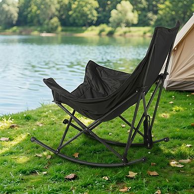 Rocking Camping Chair Folding Portable with Cup Holder Pocket Supports 225 lbs