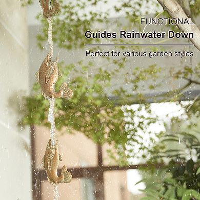 Glitzhome 8.5ft 9-Piece Faux Copper Patina Finish Fish Shaped Rain Chain with V-Shaped Gutter Clip