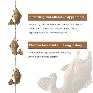 Glitzhome 8.5ft 9-Piece Faux Copper Patina Finish Fish Shaped Rain Chain with V-Shaped Gutter Clip