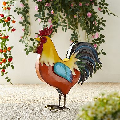 Glitzhome 21"H Metal Vibrant Standing Rooster Garden Statue