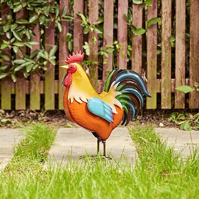 Glitzhome 21"H Metal Vibrant Standing Rooster Garden Statue